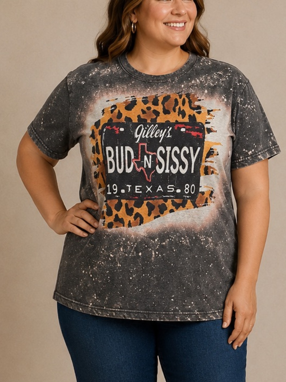 Bud n sissy’s Hand Crafted Black Speckled Tee with Leopard & Texas Graphic LARGE